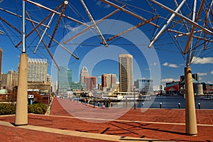 Metallic tubes frame the Baltimore, Maryland skyline