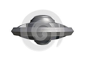 Metallic UFO alien spaceship flying isolated on white background