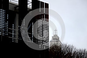 Metallic wall or roof panels. Close-up fragment of minimalist business building interior. Abstract modern