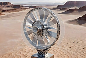 Metallic wheel or turbine in a desert, an abstract industrial sculpture, Generative AI