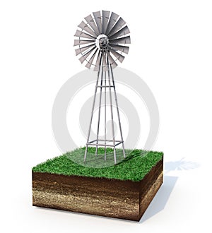 Metallic windmill on an isolated grassy land