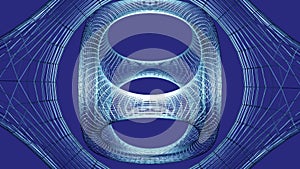 Metallic wireframe abstract movie composed from rounded cube shapes rotating on dark blue background. 3d blender render