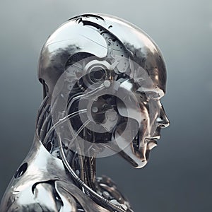 Metallized robot head on a gray background. Generative AI