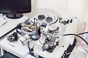 Metallographic microscope used for metall`s surface investigatio