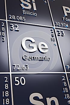 The metalloid Germanium on the periodic table of elements in spanish. 3d illustration