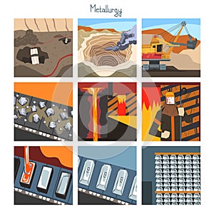 Metallurgical Industry Concept Set, Steel and Alloys Production, Mining and Metal Extraction Vector Illustration