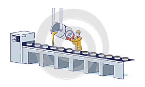 Metallurgical Industry Concept. Worker Controls Metal Melting And Pouring Process On Conveyor At The Metallurgical Plant