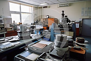 metallurgical industry laboratory, with equipment and materials being tested and analyzed
