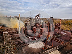 Metallurgical plant with blast furnace, drone aerial view