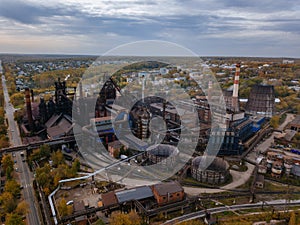 Metallurgical plant with blast furnace, drone aerial view