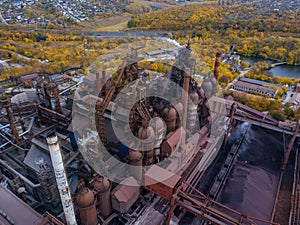 Metallurgical plant with blast furnace, drone aerial view