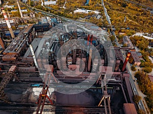 Metallurgical plant with blast furnace, drone aerial view