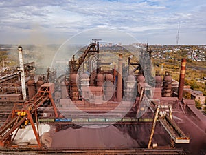 Metallurgical plant with blast furnace, drone aerial view