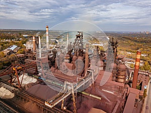 Metallurgical plant with blast furnace, drone aerial view