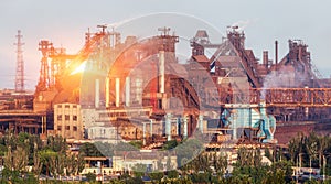 Metallurgical plant at colorful sunset. Industrial landscape. St