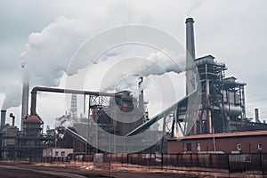 metallurgical plant with conveyor belts and smoke coming from the smokestack