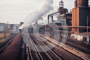 metallurgical plant with conveyor belts and smoke coming from the smokestack