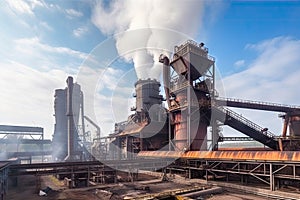 metallurgical plant with conveyor belts and smoke coming from the smokestack