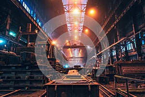 Metallurgical plant. Industrial steel production. Interior of metallurgical workshop inside. Steel mill factory. Heavy