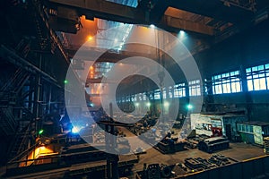 Metallurgical plant. Industrial steel production. Interior of metallurgical workshop. Steel mill factory. Heavy industry