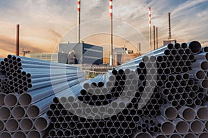 Metallurgy industry concept. Many steel pipes stacked. 3D rendered illustration