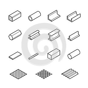 Metallurgy products icons in thin line style