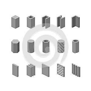 Metallurgy products vector icons set. Steel structure and pipe.