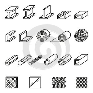 Metallurgy products vector line icons set. Steel structure and pipe.