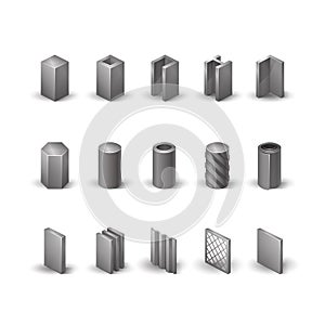 Metallurgy products vector realistic icons set. Detailed objects