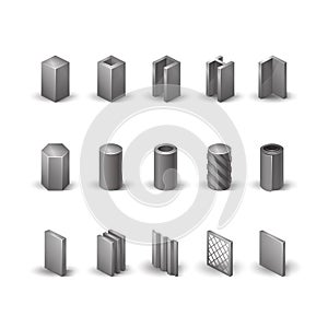 Metallurgy products vector realistic icons set. Detailed objects photo