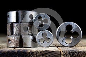 Metalwork tools on the workshop table. Threading dies and taps i