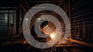 Metalworker Welding Steel Structure with Sparks at Night