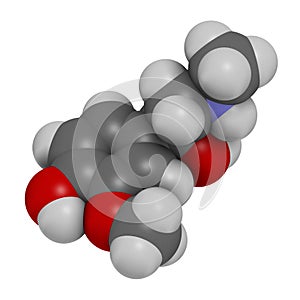 Metanephrine metadrenaline molecule. Metabolite of epinephrine that is biomarker for pheochromocytoma. 3D rendering. Atoms are