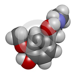 Metanephrine metadrenaline molecule. Metabolite of epinephrine that is biomarker for pheochromocytoma. 3D rendering. Atoms are photo