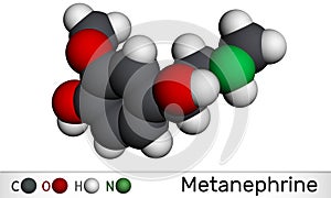 Metanephrine molecule. It is metabolite of epinephrine, adrenaline, biomarker for pheochromocytoma. Molecular model. 3D photo