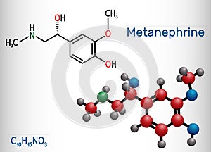 Metanephrine molecule. It is metabolite of epinephrine, adrenaline, biomarker for pheochromocytoma. Structural chemical photo