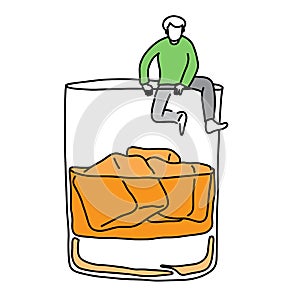 metaphor addicted man trying climb out off a glass of alcohol vector illustration sketch hand drawn with black lines, isolated on