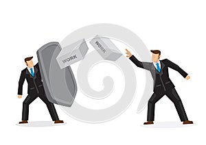 Metaphor of a businessman throwing his work bricks to his colleague which is protecting himself with a shield. Concept of corpora