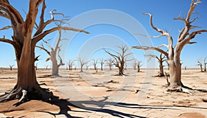 Metaphor for climate change dead trees on cracked earth, symbolizing droughts global impact.