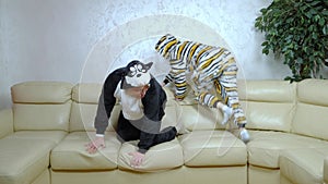 Metaphor, humor. husband and wife costumes cats and dogs fighting on the couch.