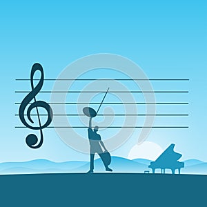 Metaphor man composing music with piano with blue gradient shade background illustration vector