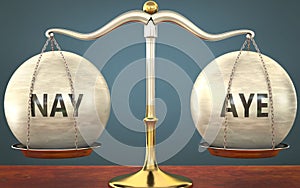 Metaphor of nay and aye staying in balance - showed as a metal scale with weights and labels nay and aye to symbolize balance and