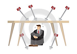 Metaphor of stress businessman hiding under a table from arrows. Concept of corporate crisis, bad office culture or corporate