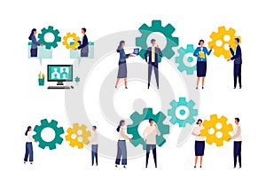 Metaphor of teamwork, strategy, connecting. Flat design vector illustration of business people