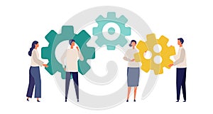 Metaphor of teamwork, strategy, connecting. Flat design vector illustration of business people