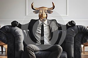 Metaphore of businessman with cow head. Bullish trend of stock market concept