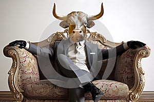 Metaphore of businessman with cow head. Bullish trend of stock market concept