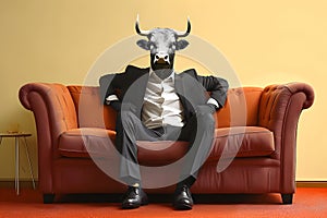 Metaphore of businessman with cow head. Bullish trend of stock market concept