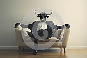 Metaphore of businessman with cow head. Bullish trend of stock market concept