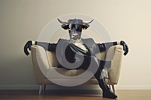 Metaphore of businessman with cow head. Bullish trend of stock market concept